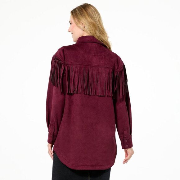 DG2 by Diane Gilman Car Coat Size Medium Faux Suede Fringe Long Sleeve Wine NEW - Picture 3 of 10